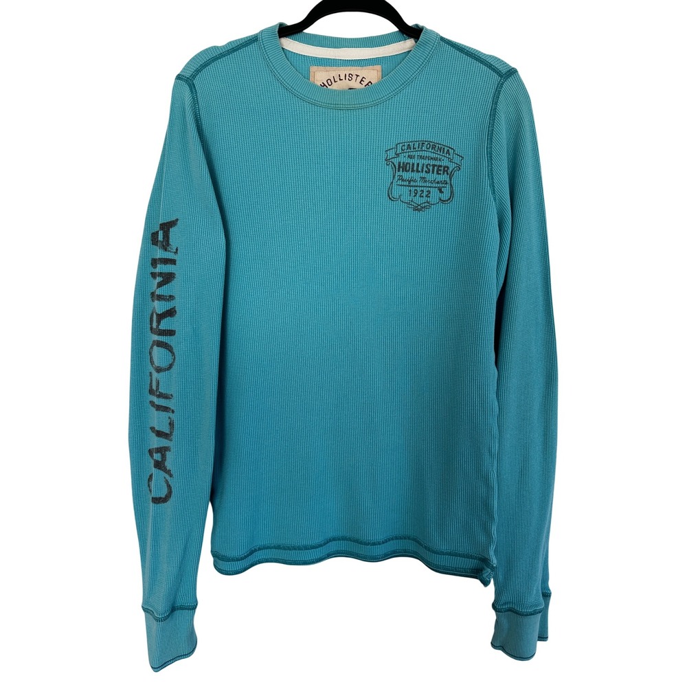 Hollister Vtg Y2K Waffle Knit Thermal Shirt Teal Blue Mens Medium Graphic